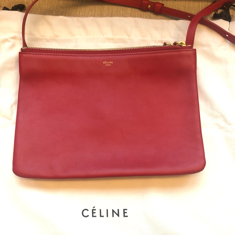 二手正品 Celine Trio三層包 大款紅色小羊皮