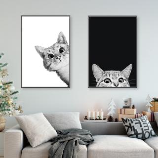 【高清畫芯】油畫版畫北歐風格可愛黑白猫咪海報牆壁藝術画 動物客廳家居裝飾組合掛畫
