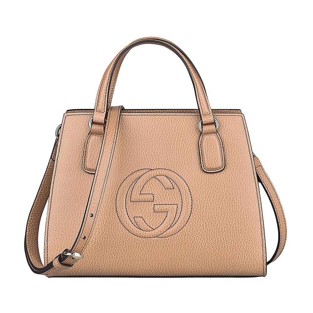 GUCCI SOHO雙G LOGO荔枝紋牛皮拉鍊手提斜背包(駝色)