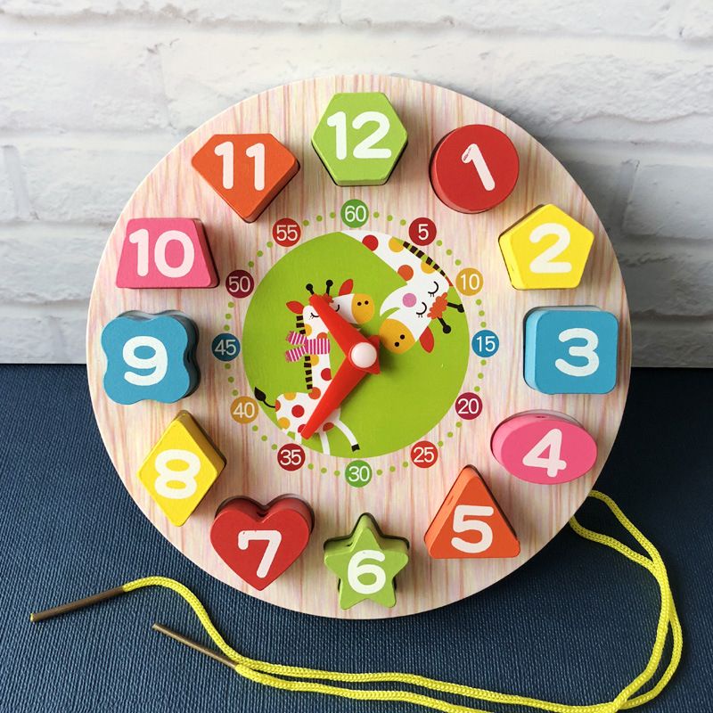 兒童 木製 時鐘積木 串珠時鐘 早教玩具 顏色認知 形狀認知 認知學習【安娜貝爾】