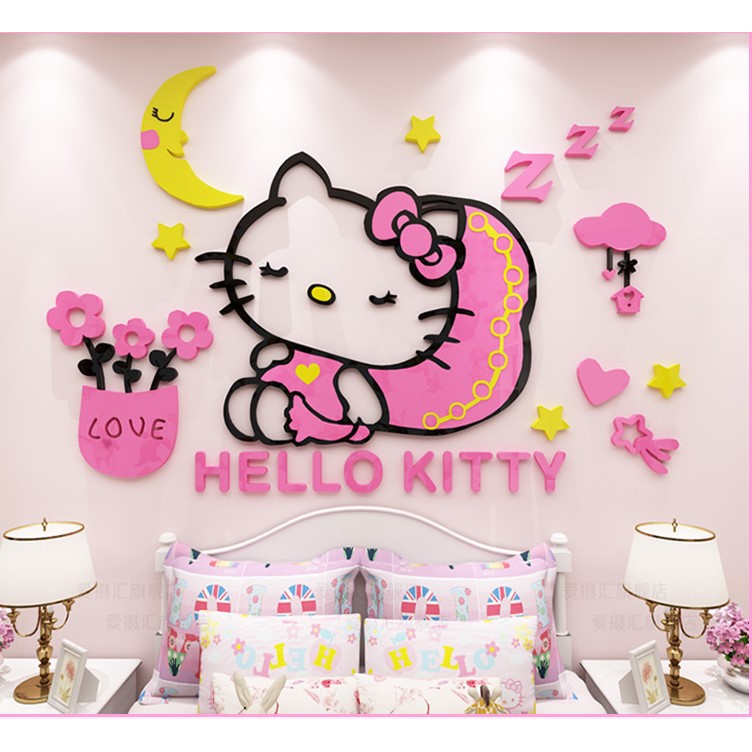 KITTY可愛凱蒂貓卡通兒童房間女孩臥室宿舍床頭墻面裝飾新年3d立體墻貼畫