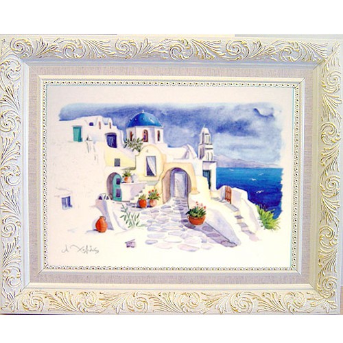 【中幅地中海藍加白風格】地中海風情1 藍白希臘愛琴海風景畫壁飾 掛畫  50x40cm 有白/金框可選