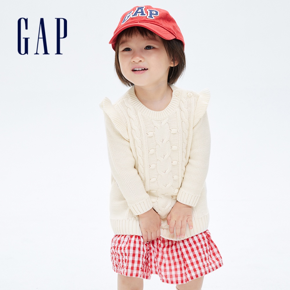Gap 嬰兒裝 純棉荷葉邊針織長袖洋裝-象牙白(713993)