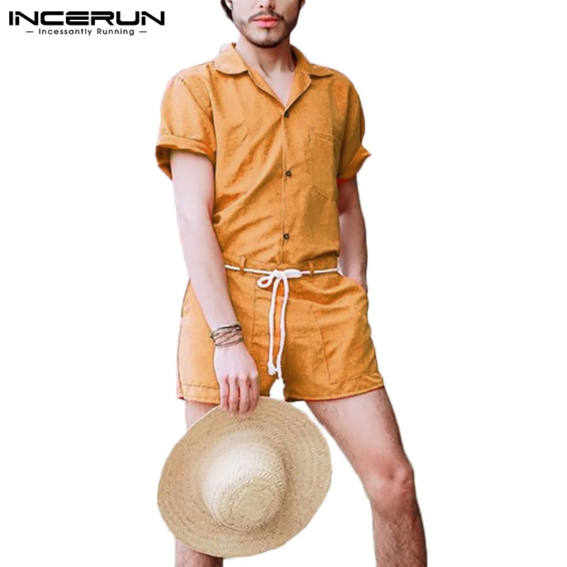 INCERUN男士夏季短袖上衣+抽繩短褲純色寬鬆套裝