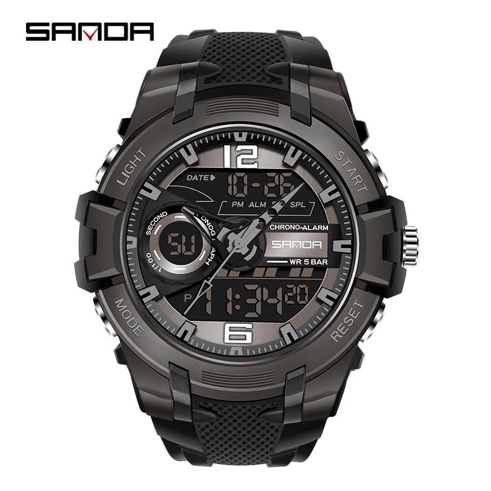 Sanda 6015 男士運動手錶頂級品牌時尚雙顯示屏男士手錶軍事時鐘戶外 5ATM 防水手錶