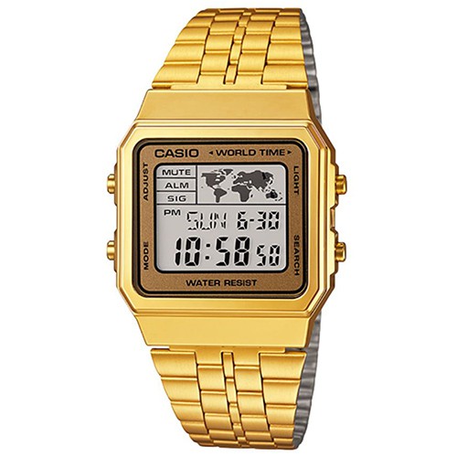 【CASIO】世界城市復古摩登不鏽鋼金錶-金框(A-500WGA-9)正版宏崑公司貨