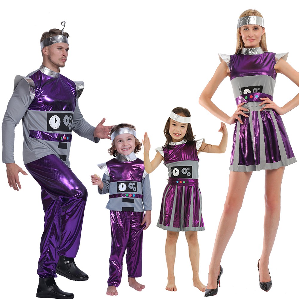 萬聖節服裝成人和兒童復古紫色時間機器人角色扮演兒童外星人宇航員表演舞台服裝家庭聚會嘉年華團體情侶花式裝扮