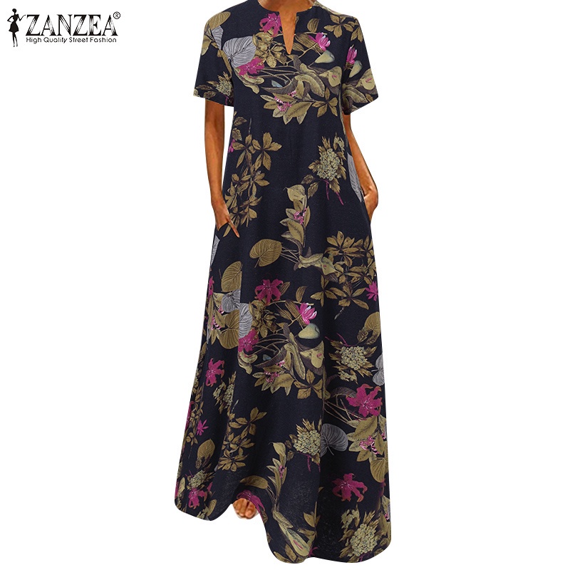 ZANZEA 女式複古棉質花卉印花 V 領寬鬆長連衣裙