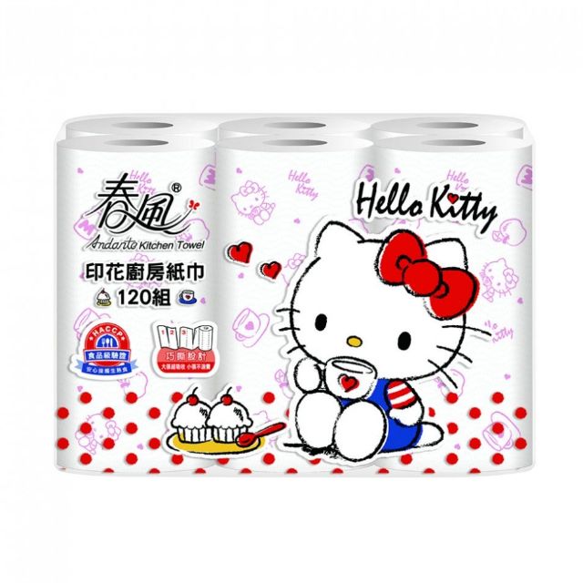 春風Hello Kitty印花廚房紙巾 120組X6捲/串 - 巧撕設計
