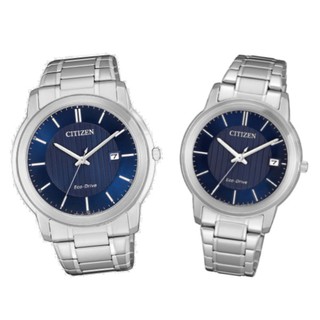 CITIZEN星辰錶 (AW1211-80L+FE6011-81L) Pair對錶 簡約光動能腕錶/藍 42+33mm