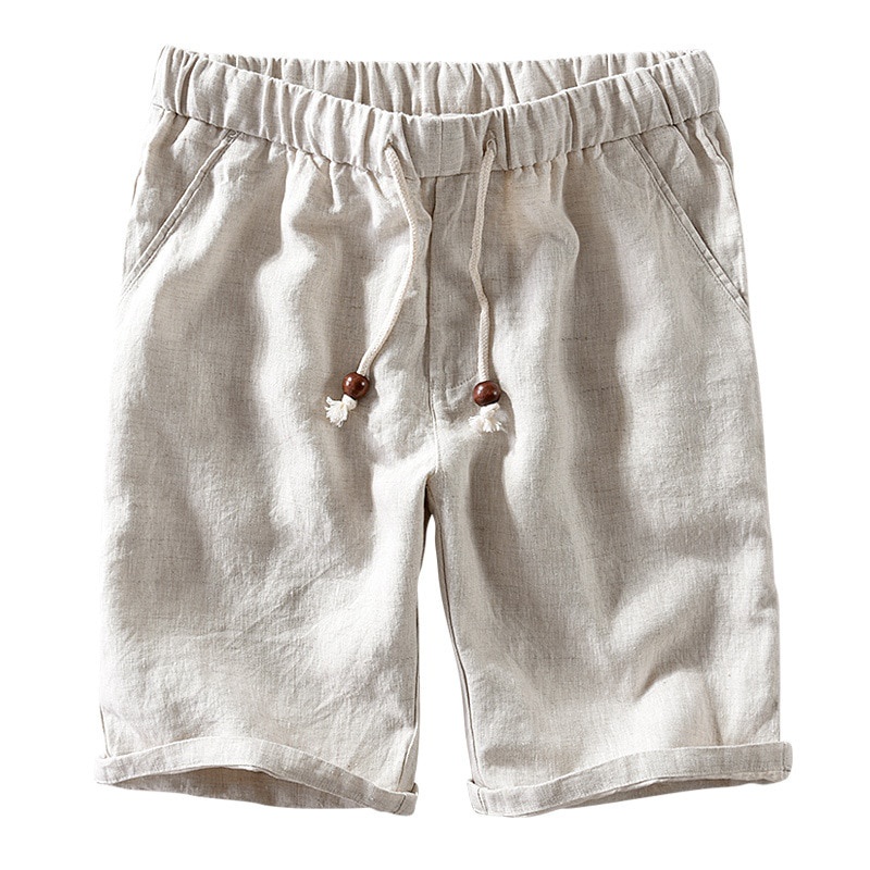 夏季男士時尚 100% 亞麻彈性休閒短褲