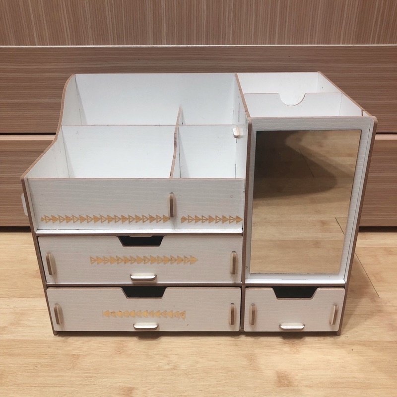 白色木質DIY鏡面化妝品小物抽屜收納盒