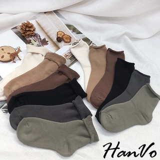 【HanVo】冬日暖暖加厚捲邊中筒襪 韓系簡約百搭舒適棉質襪 秋冬保暖 韓國潮流時尚休閒襪 女生配件 A12-6162