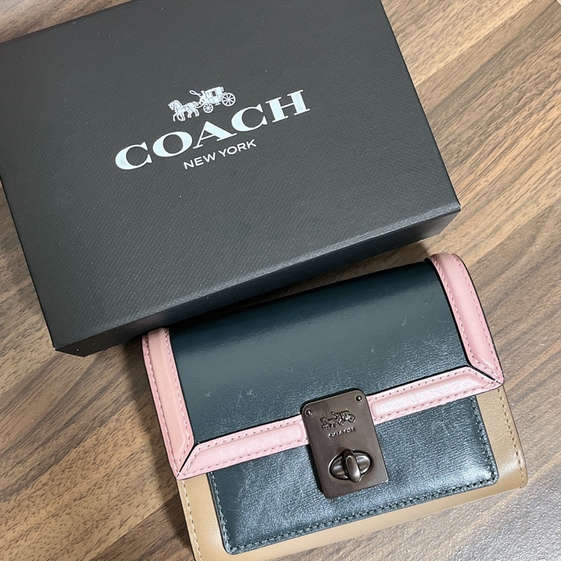 COACH colorblock hutton wallet 2020 春夏款 松綠 專櫃 短夾 皮夾 零錢包 卡夾