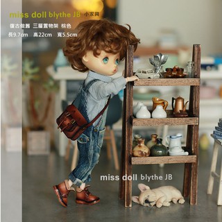 miss doll blythe JB 《三層置物架》復古手工做舊小家具櫥櫃書櫃圓椅小凳娃衣娃鞋迷你食玩實木小屋diy