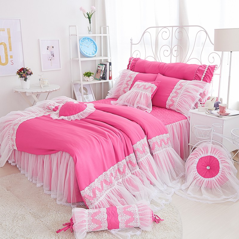 天絲鋪棉床罩組 蕾絲 桃紅 100%天絲 蕾絲床罩組 床裙組