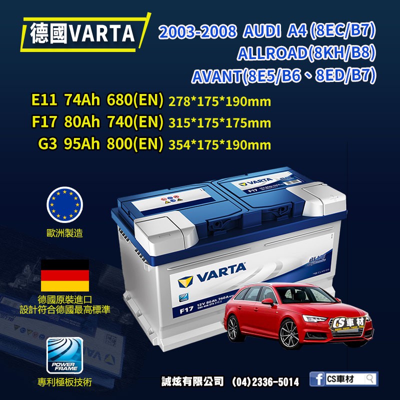 CS車材- VARTA 華達電池 AUDI A4 (8EC/B7...) 03-08年 E11 F17... 代客安裝