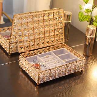輕豪華水晶珠寶收納盒化妝品收納翻蓋桌面收納盒梳妝台項鍊戒指盒
