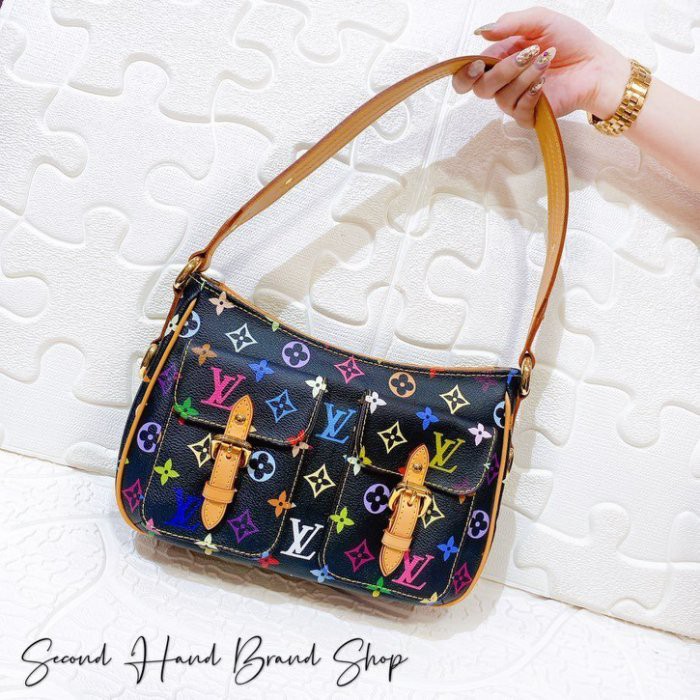 二手旗艦lv 黑色帆布牛皮黑彩村上隆前雙口袋上拉鍊手提包肩背包 中友店 蝦皮購物