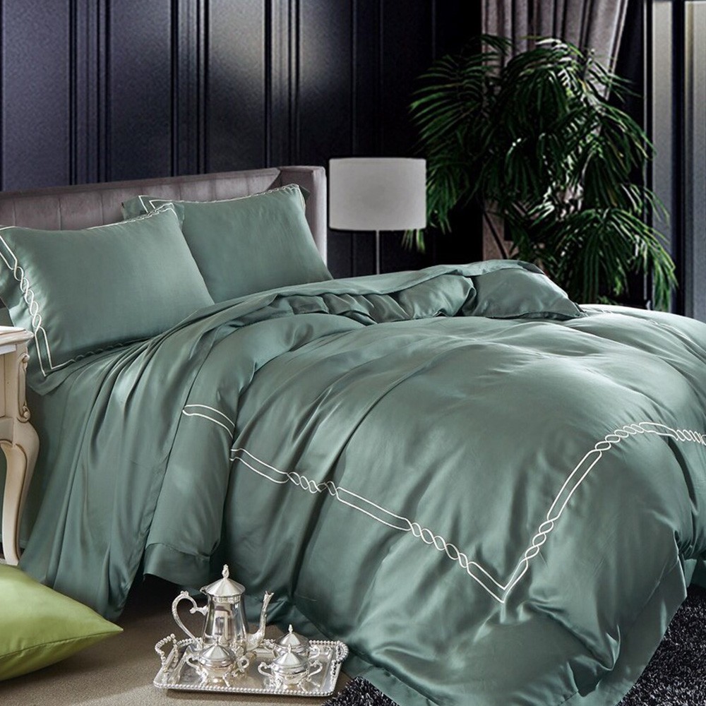 素色刺繡60支100%純天絲TENCEL【雙人 加大 特大組合】規格可選  兩用被床包四件組 橄欖綠
