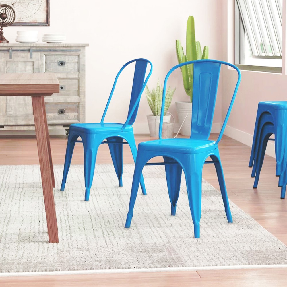 E-home 希德尼工業風金屬高背餐椅-藍色