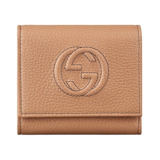 GUCCI SOHO雙G車紋LOGO荔枝紋牛皮6卡扣式短夾(駝)