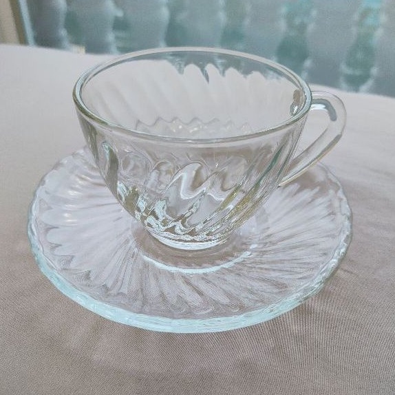 老木青 |早期 KIG厚玻璃咖啡杯盤 波浪線條 微瑕