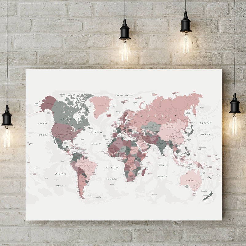 世界地圖帆布打印腮紅粉色和獵人綠色世界地圖海報宿舍裝飾現代牆藝術圖片繪畫裝飾