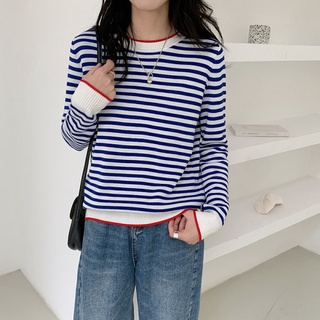 胖胖美依 長袖上衣 條紋針織衫 薄款毛衣 圓領打底內搭衫新款新版圓領百搭條紋針織段短款上衣女BC1030.626