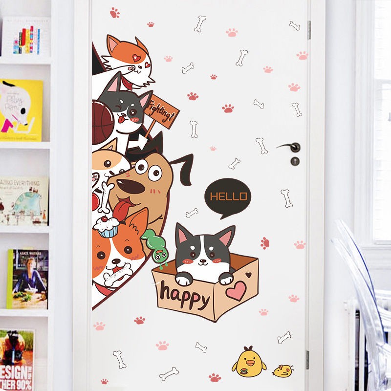 卡通動物墻紙裝飾房間自粘出租屋臥室可愛韓版兒童貓狗裝飾自貼畫