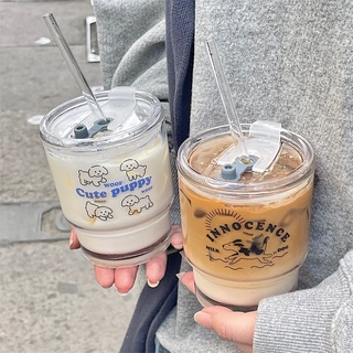 🍀咕嚕嚕🍀 韓風原創設計 ins風 卡通小狗 玻璃杯吸管水杯 咖啡杯 早餐杯 冷飲杯 帶蓋 情侶杯 送女友禮物