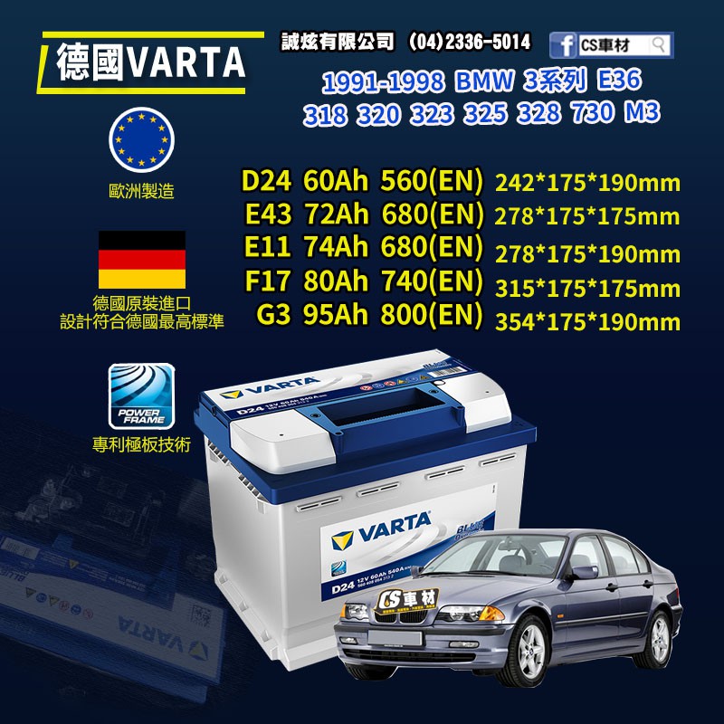 CS車材-VARTA 華達電池 BMW 3系列 E36 318... 91-98年 D24 E43 .. 代客安裝