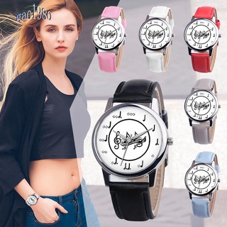 Gao_fashion Music Note 模擬圓形錶盤人造皮革錶帶中性石英腕錶