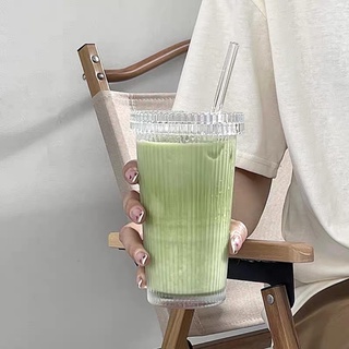 🥛質感條紋吸管透明杯 質感INS風咖啡杯 牛奶杯 隨行杯 果汁杯 外帶杯 水壺 隨身杯 咖啡杯 環保杯冷水瓶 網紅杯