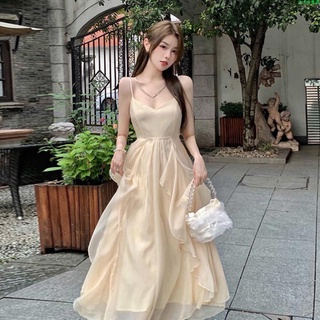 晚服/宴會服/禮服/連衣裙/吊帶裙/平時可以穿/禮物~法式仙女連衣裙女夏季2021新款設計感小眾溫柔吊帶裙小個子奶油裙