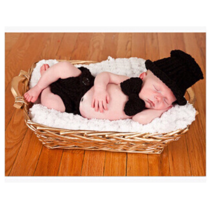 台灣 現貨 帽子 手工帽  滿月照攝影服 紳士 造型 嬰兒 毛線帽 幼兒 拍照帽 帽子+領結+褲子