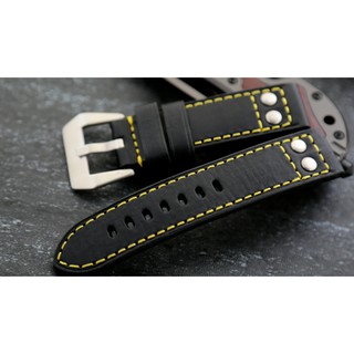 20mm直身黑色真皮錶帶黃色縫線Hamilton Steinhart - Nav 的新衣,banda軍錶飛行風格鉚釘,