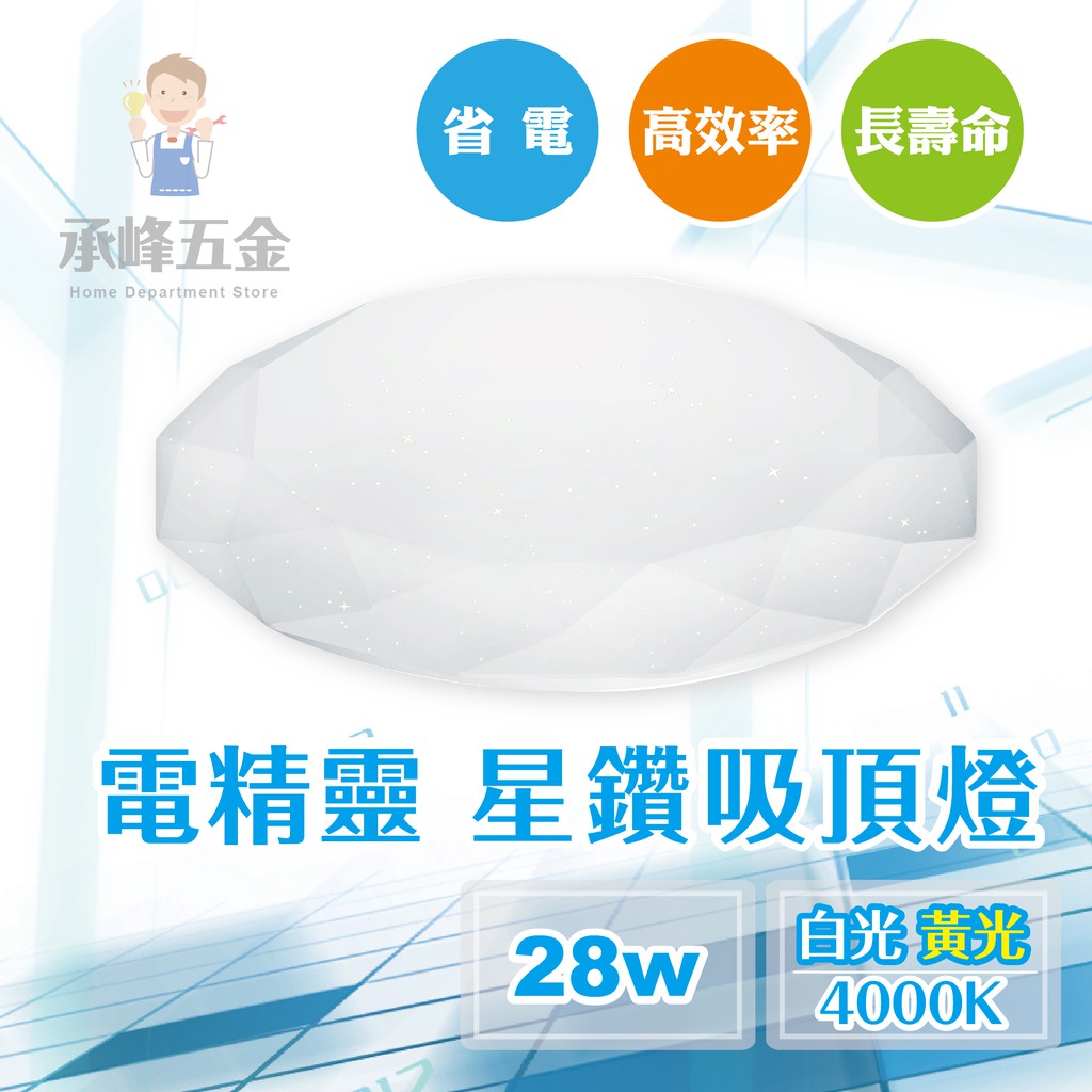 【承峰五金】電精靈 LED 28W 星鑽吸頂燈《白光/黃光/自然光》防塵防水 省電高效率 另有18W / 42W可選購