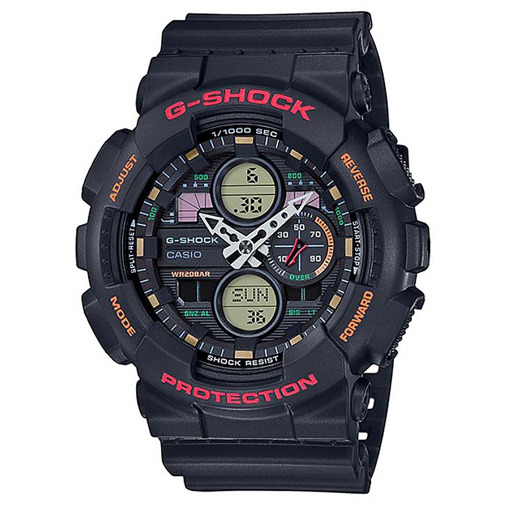 【CASIO】G-SHOCK 復古音響概念防磁大錶徑雙顯錶-黑X多彩(GA-140-1A4)