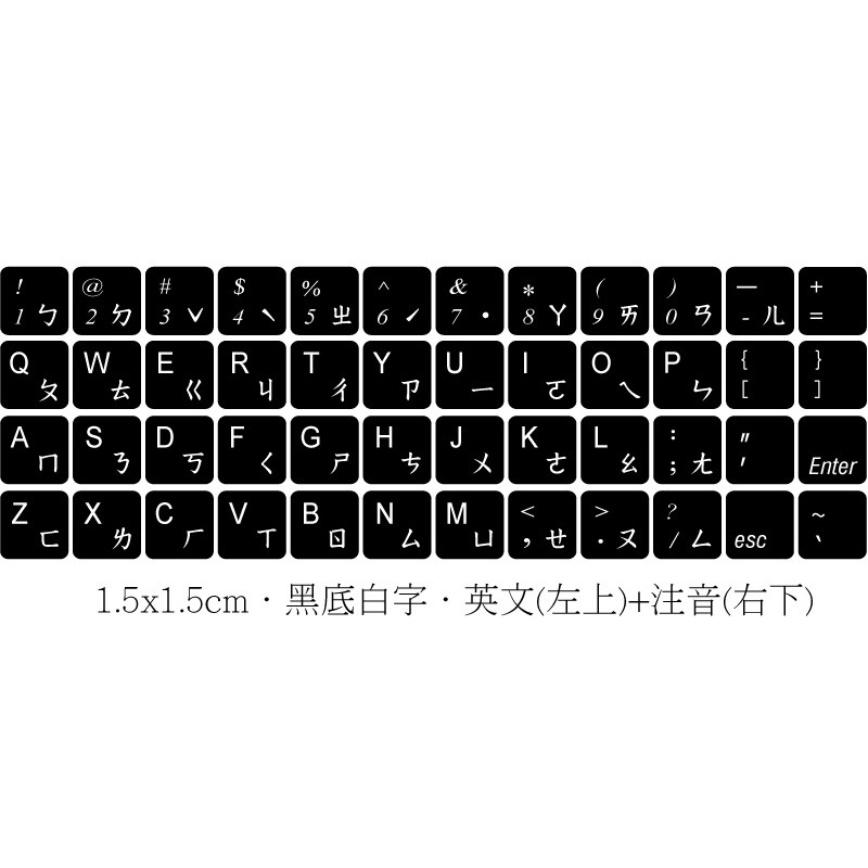 綠光艸堂 訂製鍵盤貼紙 1 5x1 5cm 黑底白字 英文 左上 注音 右下 蝦皮購物