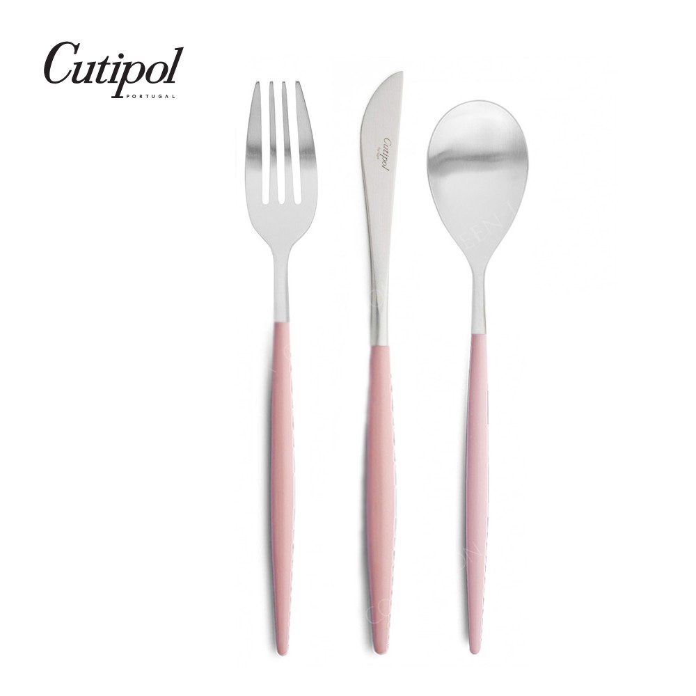 【Cutipol】全新MIO系列-粉紅柄霧面不銹鋼-主餐三件組(主餐刀叉匙) 葡萄牙手工餐具