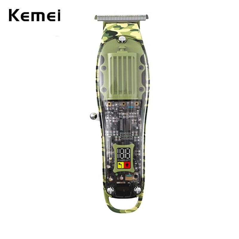 KEMEI 科美細節無繩 0 毫米理髮器專業充電式電動理髮器綠色透明風格液晶數顯