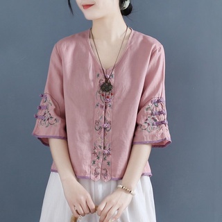 復古刺繡盤扣麻棉襯衫 女夏新款中式禪意茶服寬松短款v領上衣
