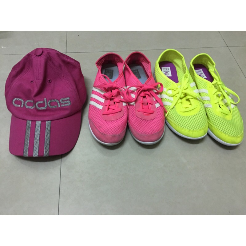 🎀Adidas Neo粉紅+黃色復古休閒鞋👟👟+贈送帽子🎀24.5