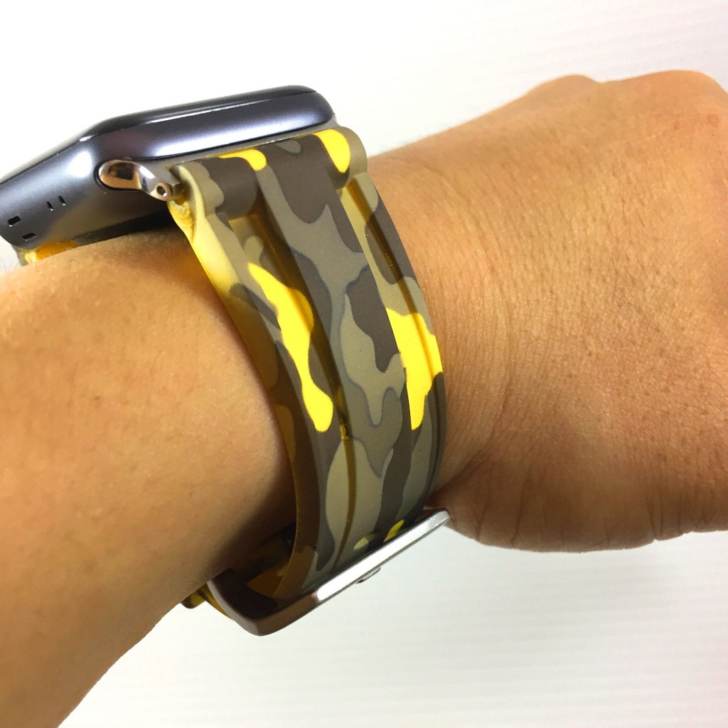Apple Watch 沛納海 代用 橡膠 迷彩黃 黑連接器 錶帶 不鏽鋼 胖大海 銀色 針釦 適用 蘋果手錶
