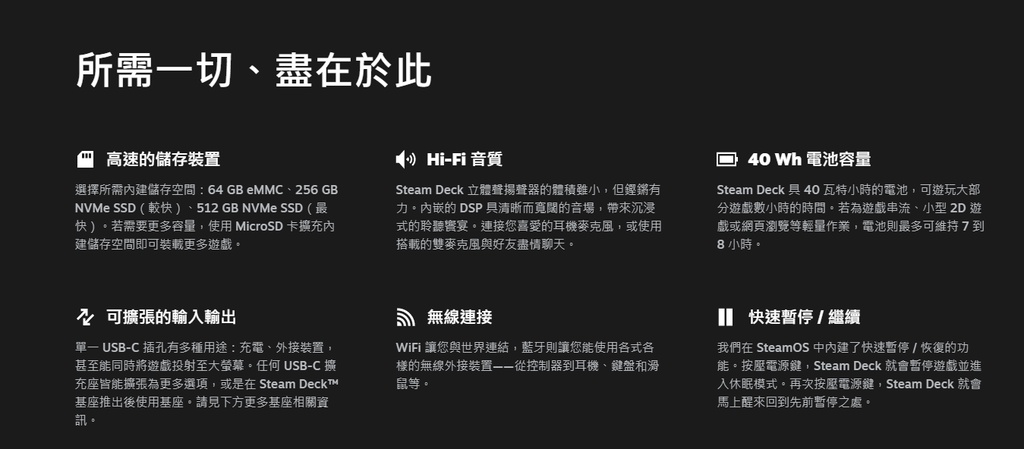 所需一切、盡在於此高速的儲存裝置選擇所需建儲存空間:64GB eMMC、256 GBNVMe SSD較快、512 GB NVMe SSD(最快)。若需要更多容量使用 MicroSD 卡擴充內建儲存空間即可裝載更多遊戲。()-Fi音質Steam Deck 立體聲揚聲器的體積雖小但鏗鏘有力。內嵌的 DSP 具清晰而寬闊的音場帶來沉浸式的聆聽宴。連接您喜愛的耳機麥克風,或使用搭載的雙麥克風與好友盡情聊天。40 Wh 電池容量Steam Deck 具 40瓦特小時的電池,可遊玩大部分遊戲數小時的時間。若為遊戲串流、小型 2D 遊戲或網頁瀏覽等輕量作業,電池則最多可維持78小時。 可擴張的輸入輸出 USB-C 插孔有多種用途:充電、外接裝置,甚至能同時將遊戲投射至大螢幕。任何 USB-C 擴充座皆能擴張為更多選項,或是在 Steam DeckT™基座推出後使用基座。請見下方更多基座相關資訊。無線連接WiFi 讓您與世界連結,藍牙則讓您能使用各式各樣的無線外接裝置從控制器到耳機、鍵盤和滑鼠等。 快速暫停/繼續我們在 SteamOS中內建了快速暫停/恢復的功能。按壓電源鍵,Steam Deck 就會暫停遊戲並進入休眠模式。再次按壓電源鍵,Steam Deck 就會馬上醒來回到先前暫停之處。