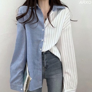 ARXO 女生襯衫 韓國chic秋季減齡復古小眾設計感撞色休閑條紋拼接襯衫女上衣潮