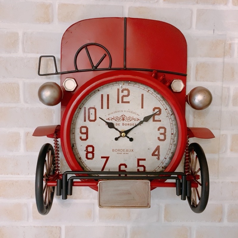 現貨‼️紅色汽車造型時鐘⏰鄉村風復古工業風童趣兒童方汽車時鐘掛鐘