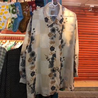 日系復古中國風水墨畫感花朵花卉圖騰長版寬鬆長袖古著襯衫外罩 vintage