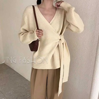 特價*5色現貨秒出售完不再♥️實拍【JinG】V領交叉綁帶針織上衣 縮腰長袖中長版衣 針織衫